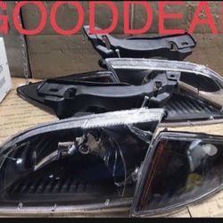 #28 Fit 00-2002 Chevy Chevrolet Cavalier Black Halogen Headlight Head Light Set Pair