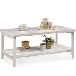 2-Tier Coffee Table for Living Room, Living Room Table Rectangular Center Table, PVC Rattan Storage Shelf, Rounded Corners, Boho Style, Oatmeal Beige