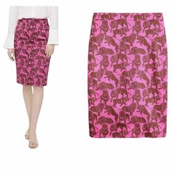 J. Crew Womens Pink Novelty Sleepy Lions Print No. 2 Pencil Skirt Sz 14  97% cotton exterior   18” across waist  21” across hips 24” top to bottom   L