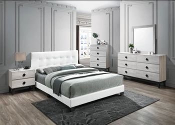 Full Size White leather bed with Orthopedic Mattress