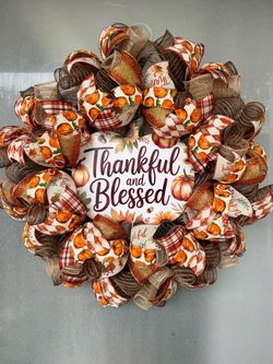 Thankful and Blessed Fall Deco Mesh Wreath