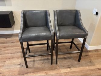 Set of 2 Bar Height Nailhead Stools – Dark Brown Faux Leather