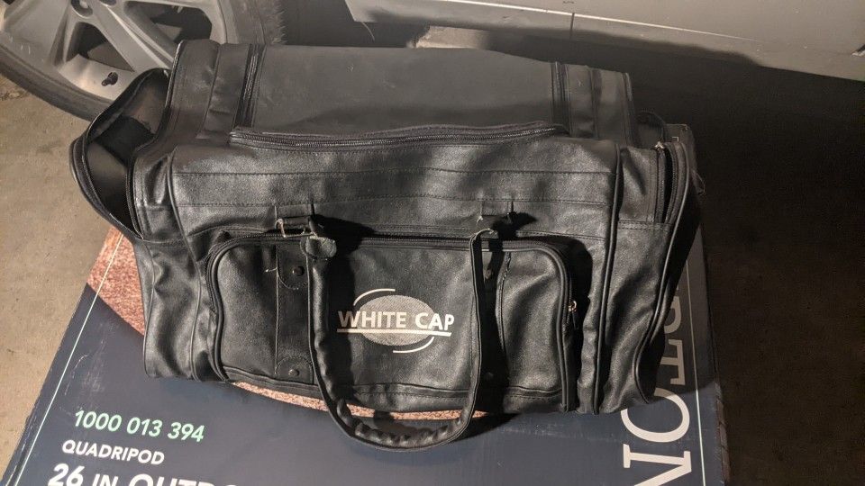 20x10x10 Black Leather Duffle Bag White Cap Print Solid Condition Retro Gear 