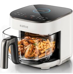 New 5 QT Glass Air Fryer, No Preheat, 8-in-1, 450°F Clear borosilicate glass basket with lid, 9.6-in compact design, 8-in-1 functions & color-changing