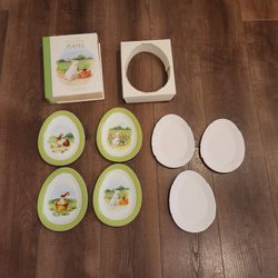 set of 4 Williams Sonoma Vintage Bunny Plates featuring a whimsical rabbit and egg illustration, white porcelain and are egg-shaped, in original box ,