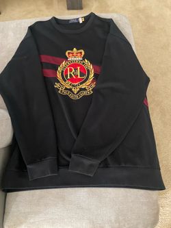 Polo by Ralph Lauren Black Crewneck Sweater with Red Strips and Gold Crest