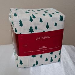 New Wondershop Flannel Sheet Set 100% Cotton Green Tree Pattern Queen