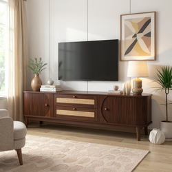 Cusco 67" Mid-Century Rattan TV Stand with Solid Wood Legs
