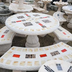 Concrete Mosaic Picnic Table with 3 Benches/ Outdoor Patio Furniture