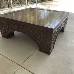 Large 54” Square Designer Coffee Table – Carved Wood, Hidden Casters, High-End