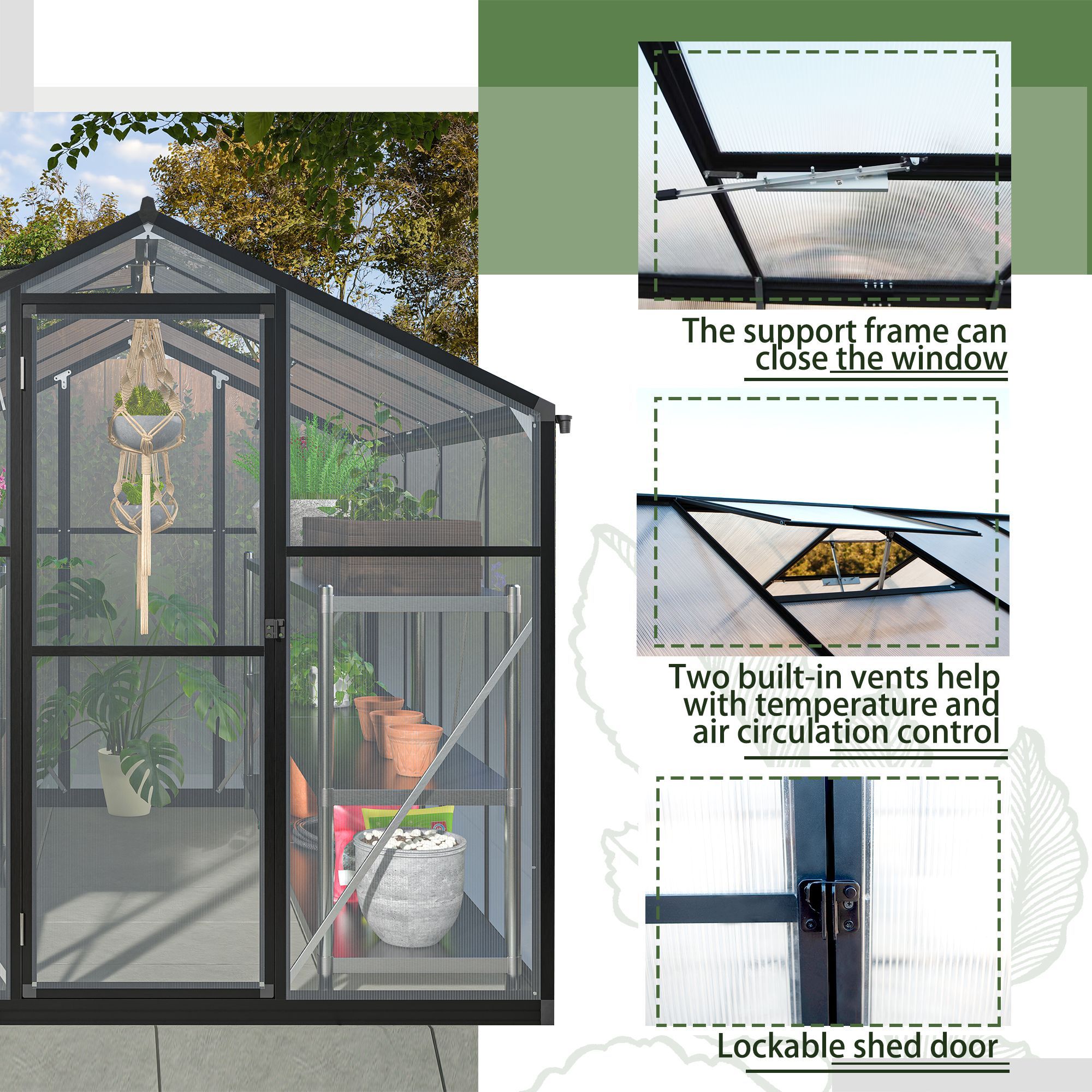 6x8 FT Greenhouse for Outdoors, Polycarbonate Greenhouse with Quick Setup Structure and Roof Vent, Aluminum Large Walk-in Greenhouse for Outside Garde