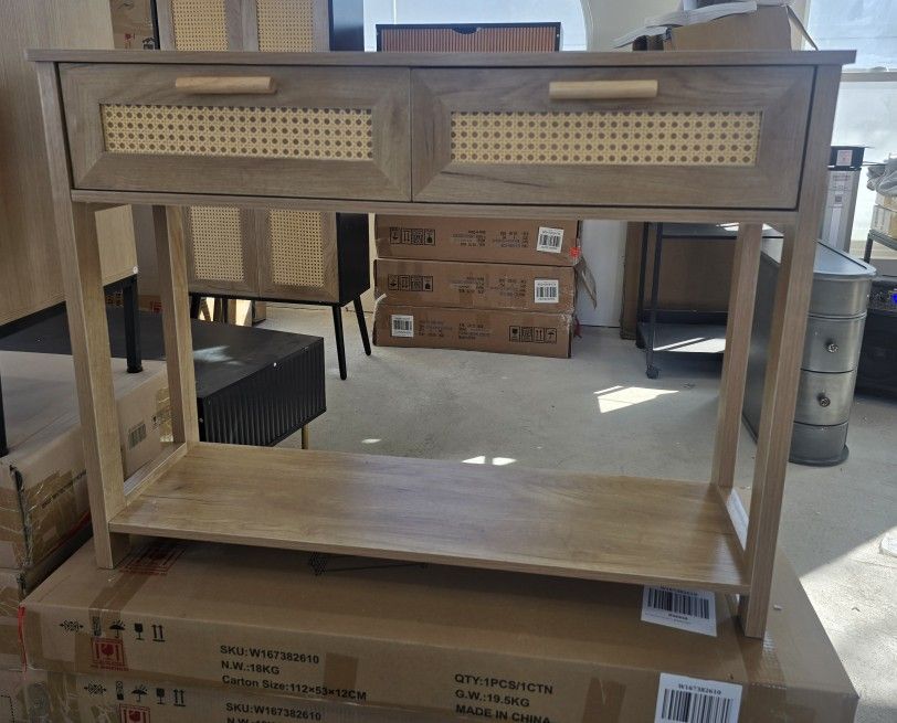 New Boho Rattan Console Entryway Table Small Narrow Sofa Hallway Table with Drawers & Open Storage