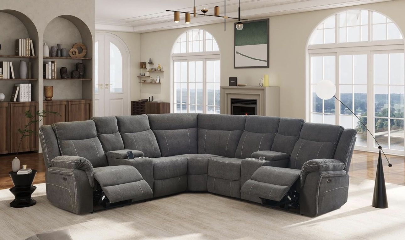 Gray microfiber fully reclining sectional couch