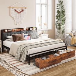 King Size Bed Frame, Storage Headboard with Charging Station, Platform Bed with Drawers, No Box Spring Needed, Easy Assembly, Vintage Brown and Gray