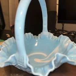 Vtg Fenton Cabbage Rose Blue Marble Slag Glass Ruffled Edge Bowl Dish Basket