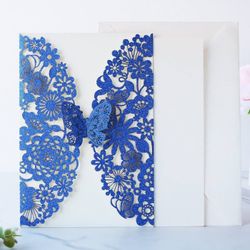 Hosmsua 20pcs Personalized Quinceañera Invitation Kit 5.12 x 7.3 Royal Blue Laser Cut Flora Butterfly Quinceanera Invitations with Envelopes for Weddi