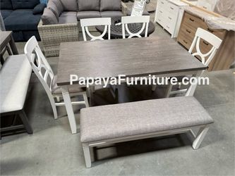NEW 6PC Dining Room Table and Chair Bench Set White Grey Wood Kitchen Discount Furniture BIG SALE 6 Piece Modern Cottage Contemporary 6 PC Holiday SA