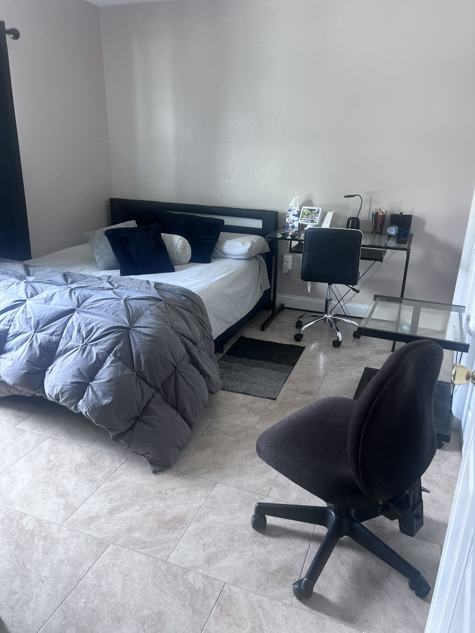 Queen size Mattress, Faux , Leather LED Platform Bed, LED Dresser, Desk w/Stand & Chair