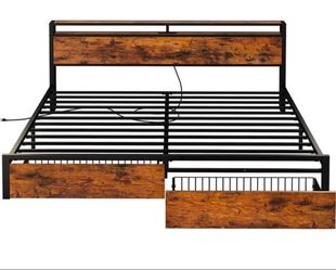 King Bed Frame with Storage Headboard, Platform Bed with Drawers and Charging Station,