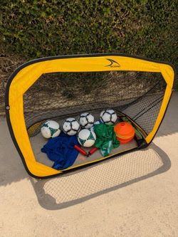 Soccer net, soccer balls, pumps, cones and more