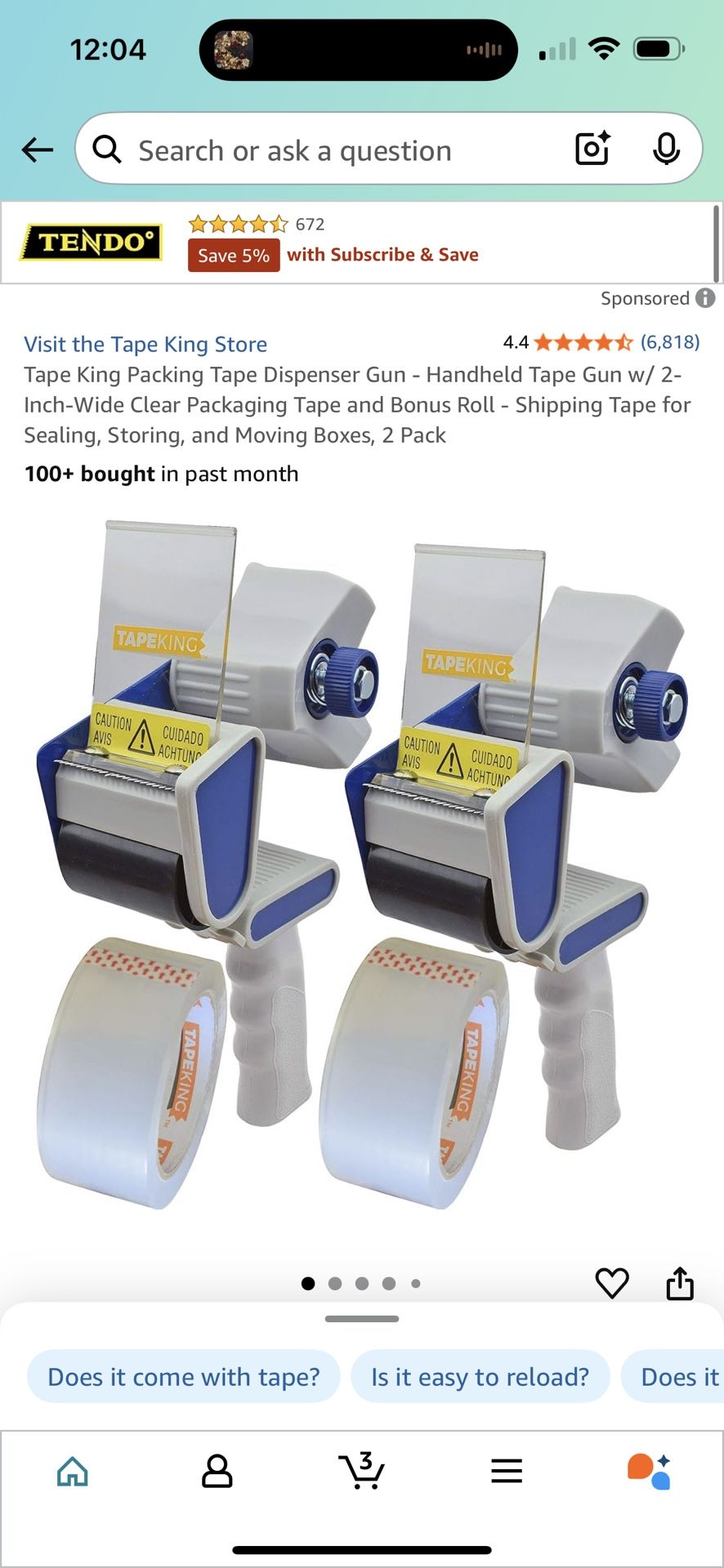 Tape King Packing Tape Dispenser Gun - Handheld Tape Gun w/ 2-Inch-Wide Clear Packaging Tape and Bonus Roll - Shipping Tape for Sealing, Storing, and