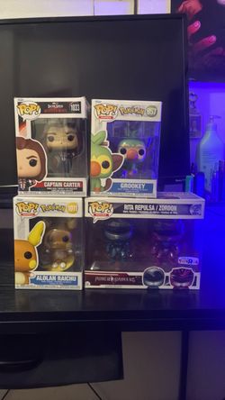 Captain Carter funk pop, grookey funk pop, alolan raichu funk pop, and double power rangers funko pop