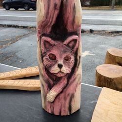 Cat In A Stump Carving