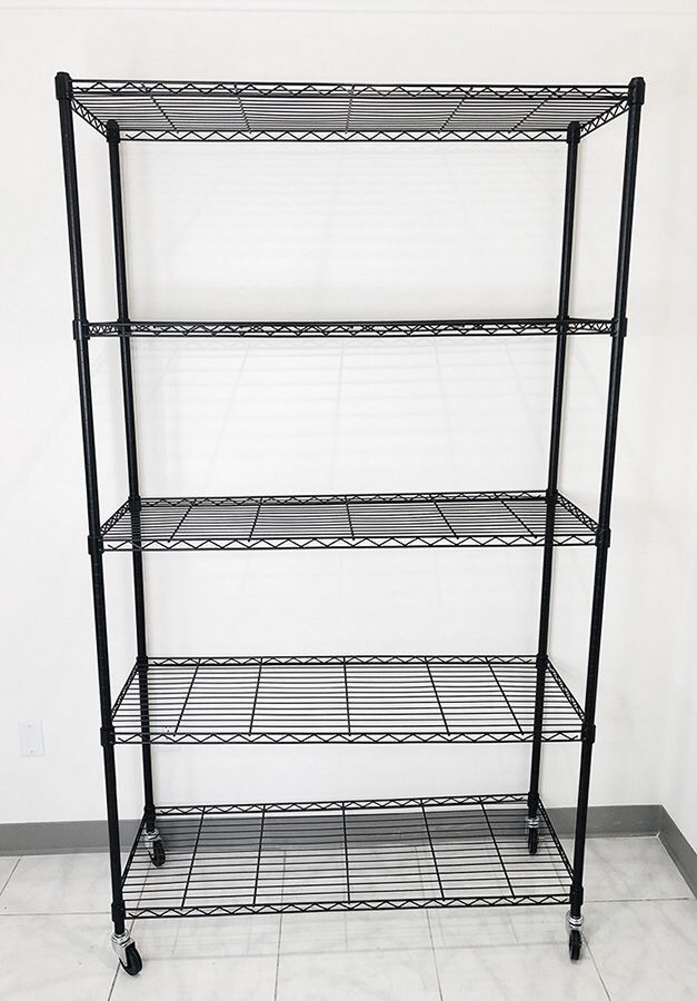 New in box $90 Metal 5-Shelf Shelving Storage Unit Wire Organizer Rack Adjustable w/ Wheel Casters 48x18x82”