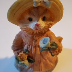 Cute Girl Cat Wearing A Dress Holding Flowers Figurine 