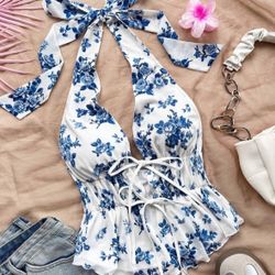 White & Blue Halter, Tie-Front Cute Top