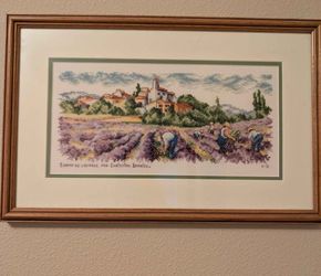 Completed & Custom Framed Vintage Cross Stitch – "Champ de Lavande" by Christian Graniou