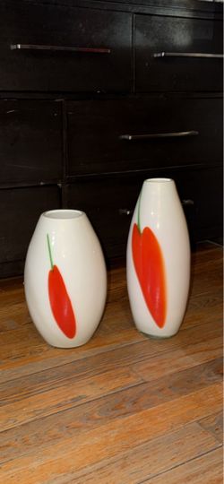 White Glass Vases with Red Chili Pepper Design – Set of 2