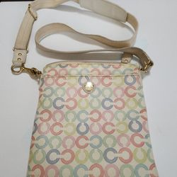 EUC COACH WAVERLY SIGNATURE CROSSBODY SWINGPACK WHITE PINK BLUE GREEN 43625 HTF