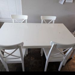 Free- White IKEA Farm Table With 6 Chairs And Kids Chair