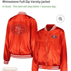 49ers Women’s Scarlet Rhinestone Varsity Jacket