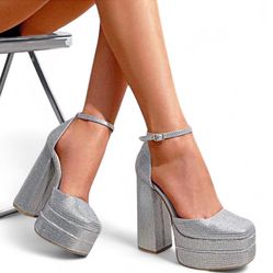Y2k Rhinestone Silver Chunky Platform Pumps With A Block Heel, A Square Toe, & Sparkly Ankle Straps