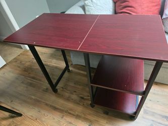 42 in. W Rolling Computer Desk Folding Writing Office Desk with Storage Shelves in Brown