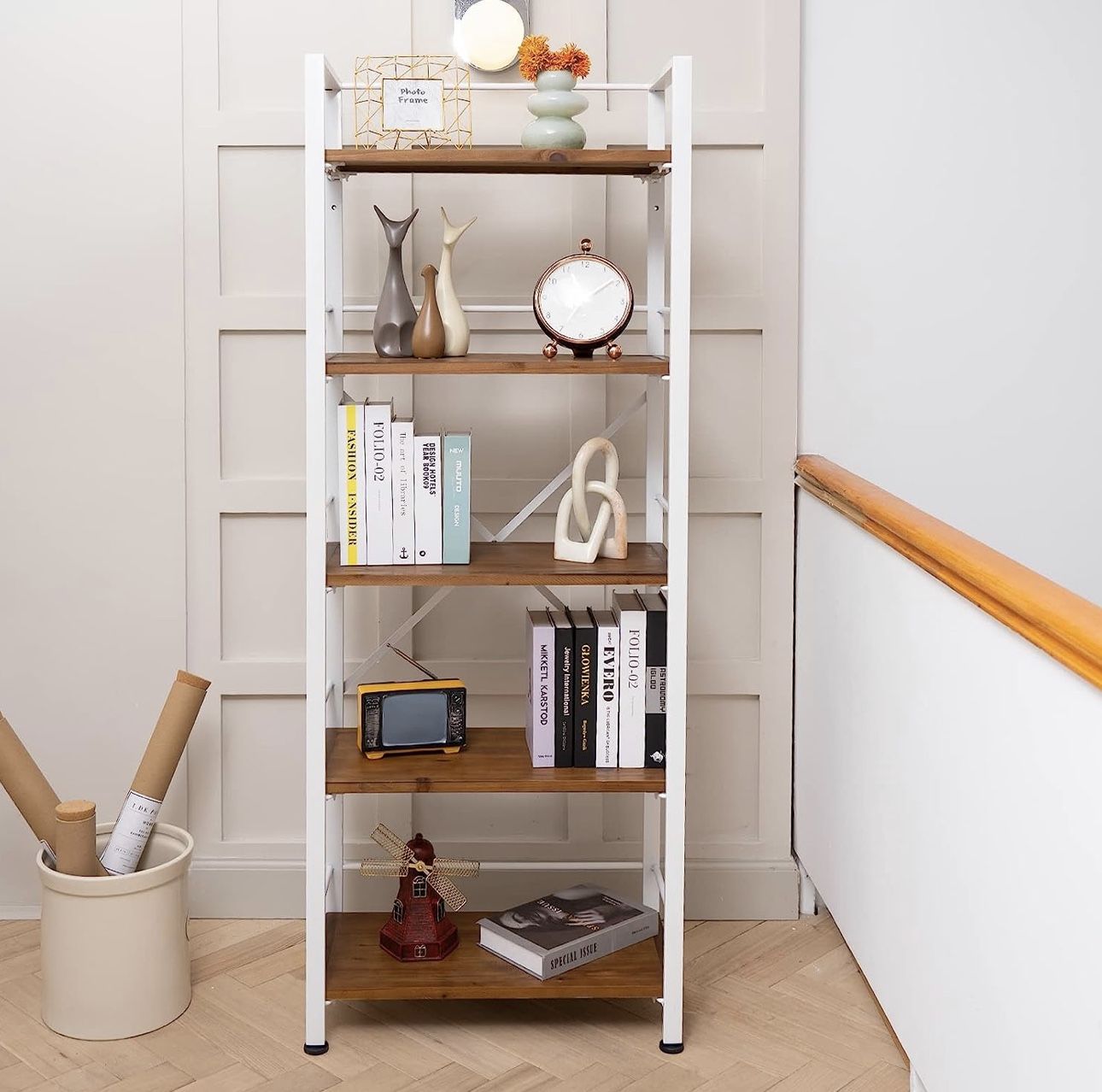 Crofy 5 Tier White Metal Bookshelf, Bookcase