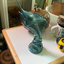Vintage Avon Sea Trophy Aqua Blue Sword Fish Wild Country Cologne Bottle 10.25”