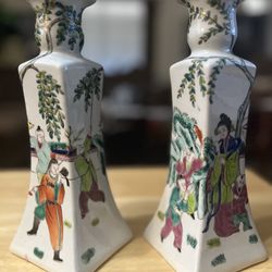 Antique Chinoiserie Famille Chinae Art Candle Holders (B-2)
