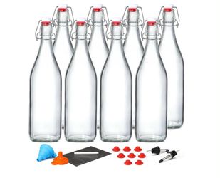 8 PACK [1 Liter/33 fl. oz.] Swing Top Glass Bottles w/ 2 Funnels & Pourers