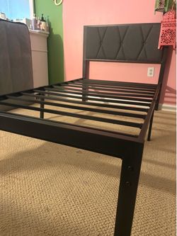 Twin Metal Bed Frame with Grey Upholstered Headboard
