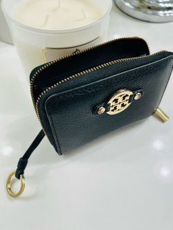 Tory Burch Black Leather Coin Case with Gold Emblem