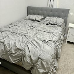 Queen Size Bed Frame, Wall Mirror, Lamp And Bedding 