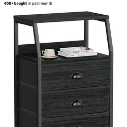 Furnulem Black Night Stand, Small Dresser for Bedroom, Nightstand with 3 Fabric Storage Drawers and 2-Tier Shelf, End Table Side Furniture for Closet,