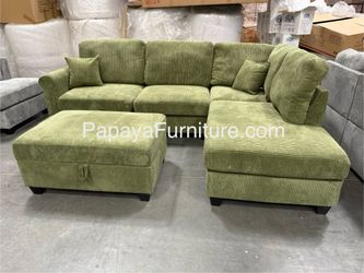 New Modern Classic Green Fabric Sectional Sofa and Chaise Set FREE STORAGE OTTOMAN Ashley Style Discount BIG Couch Clearance SALE Black Beige Grey 