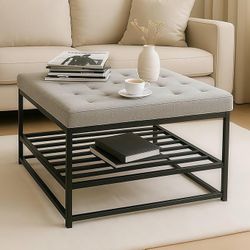 NEW Square Storage Ottoman - Stylish Farmhouse Coffee Table with Sturdy Metal Shelf & Soft Tufted Fabric - 36 Inches Large Center Table for Living Roo