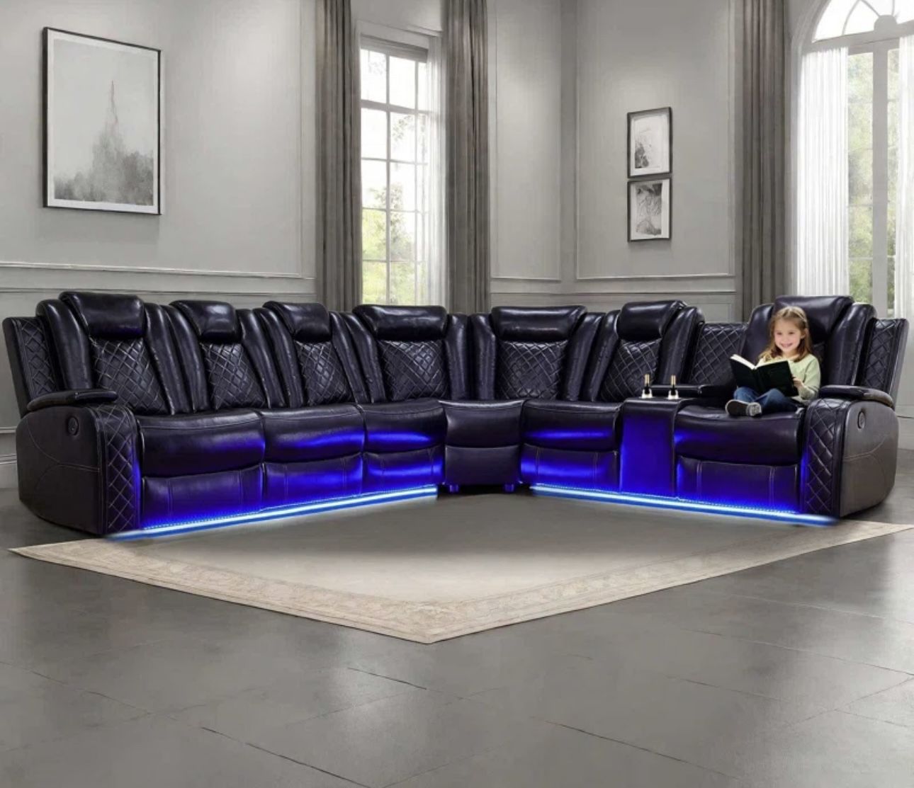 Power Electric Black Leather Fully Reclining Sectional Couch