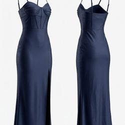 Elegant Women's Navy Blue Corset Maxi Dress with Side Slit - Size M