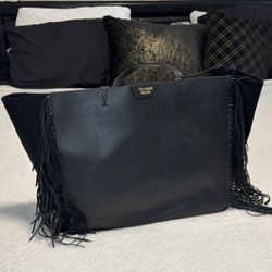 Victoria’s Secret Black Faux Leather And Suede Fringe Tote Bag